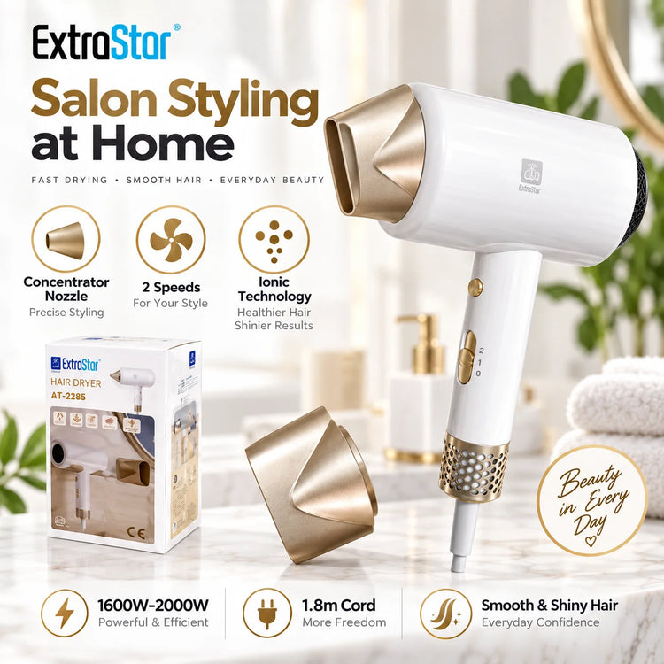 ExtraStar AT-2285 Ionic Hair Dryer 1600W-2000W 220-240V 2 Speed Hair Blower with Concentrator Nozzle 1.8m Cord