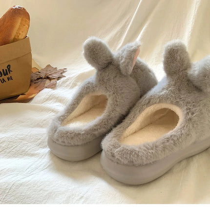 New Cute 3D Rabbit Furry Slippers Women Winter Warm Plush Closed Back House Shoes Non Slip Bunny Indoor Flip Flops Home Slipper