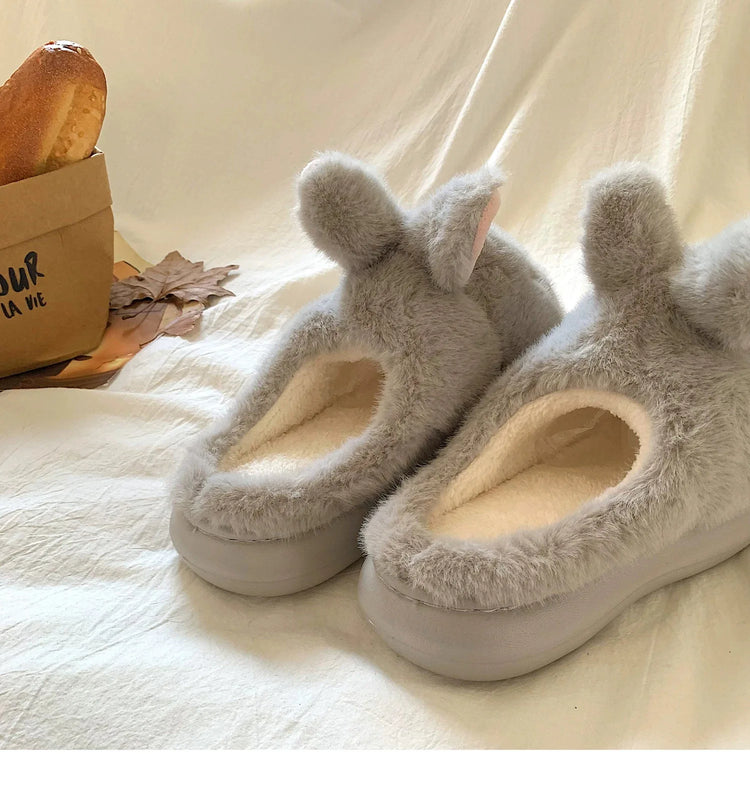 New Cute 3D Rabbit Furry Slippers Women Winter Warm Plush Closed Back House Shoes Non Slip Bunny Indoor Flip Flops Home Slipper