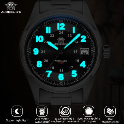 ADDIESDIVE Luxurious Men's Automatic Watch 8215 Mechanical Watch Sapphire Glass 200m Waterproof Analog Luminous Watches AD2525