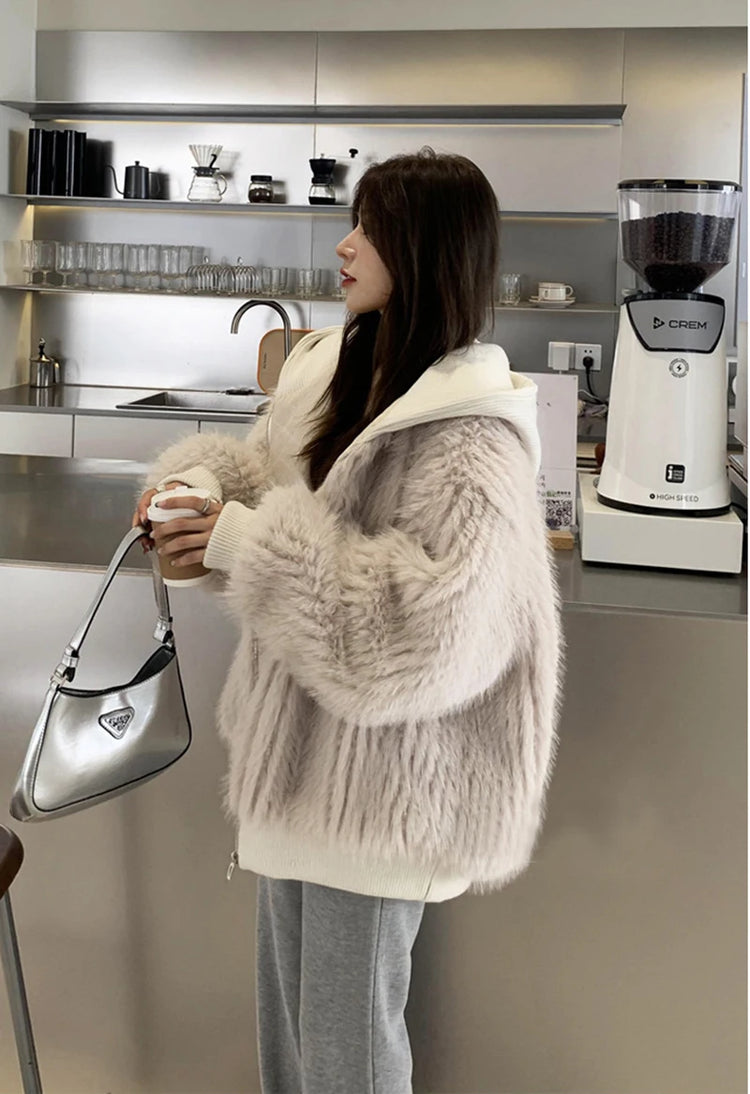 ZADORIN New Luxury Brands Trimmed Faux Fur Jacket Woman Fashion Hooded Casual Oversized Puffy Fox Fur Faux Coat Winter Clothes