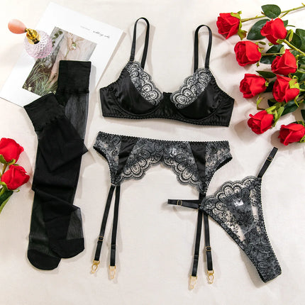Sexy Wine Red Lace Trim Underwire Bra Lingerie Set Cut Out Garter Belt Matching Thong Intimate Sheer Nightwear Apparel Women