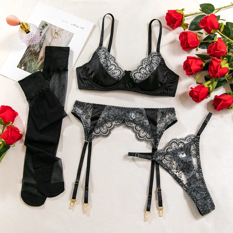 Sexy Wine Red Lace Trim Underwire Bra Lingerie Set Cut Out Garter Belt Matching Thong Intimate Sheer Nightwear Apparel Women