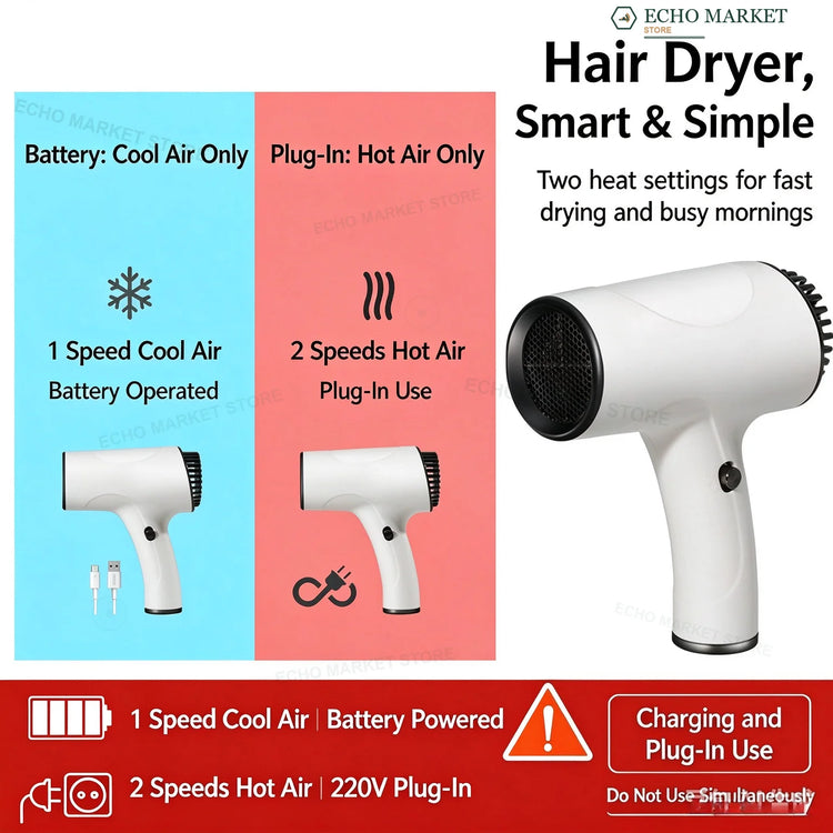 Cordless & Plug-in Dual Use Hair Dryer, 500W Low Power Portable Blow Dryer