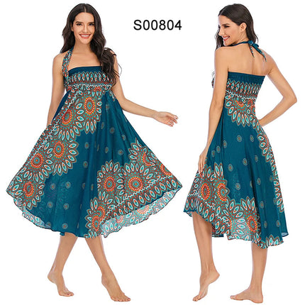 Boho Gonne Donna Rayon Beach Abito lungo Estate Bohemian Jupe Longue Femme Elastico in vita Stampa Fasciatura floreale Halter Hippie platinumshop