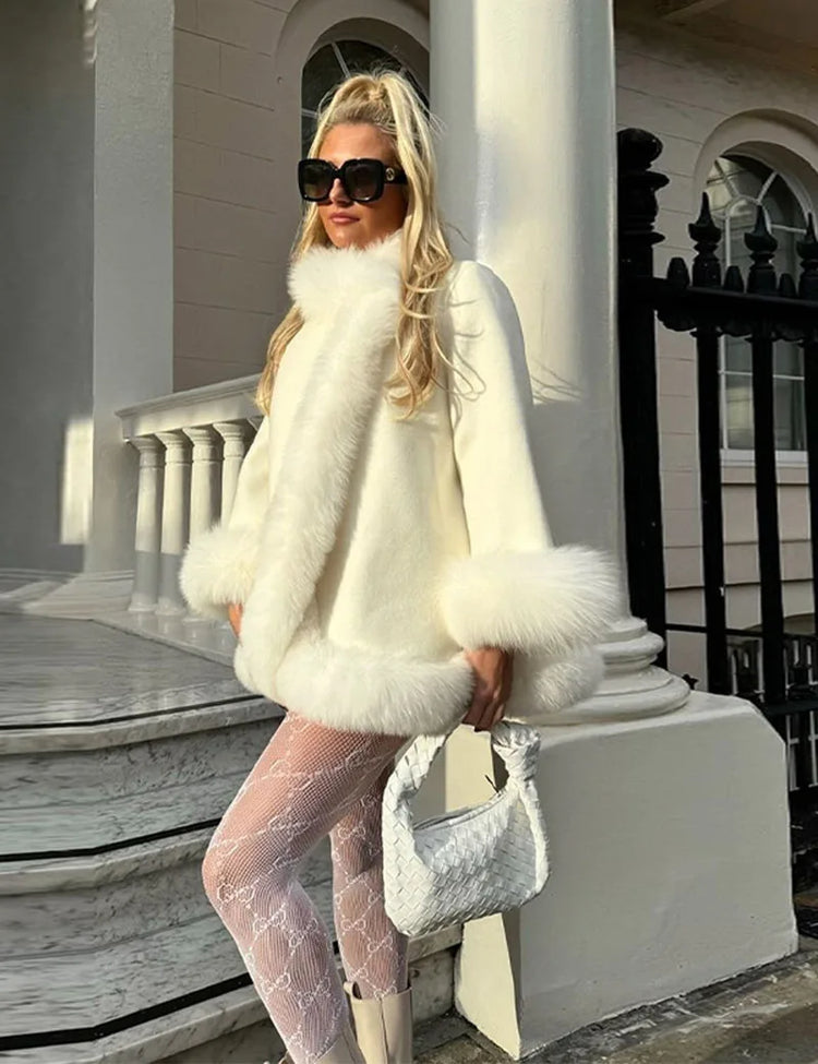 ZADORIN Elegant White Woolen Cape Faux Fur Coat Woman Fur Trim Loose Plush Fur Jacket Woman 2025 Winter Fur Faux Coat Outerwears