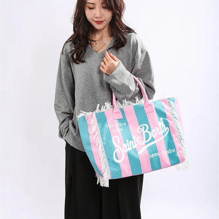 Borsa tote a righe da donna con colori contrastanti Borsa a tracolla con lettere alla moda Borsa da pendolarismo per ascelle di grande capacità