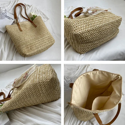 Large Capacity Summer Tote Bag, Women's Hand-Woven Shoulder Bag, Fresh Rural Style