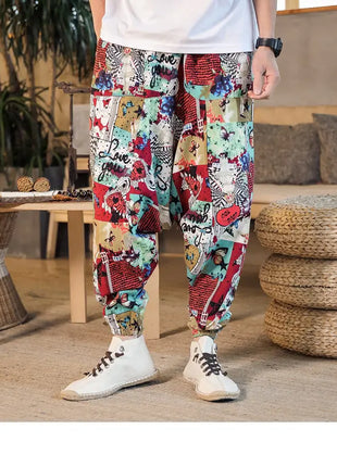 Pantaloni Harem da Uomo 2026 Stile Retrò con Stampa, Pantaloni Jogger Larghi e Comodi con Cavallo Ribassato, Stile Nepal Oversize, Pantaloni Casual da Uomo con Cavallo Ribassato