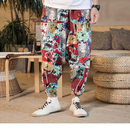 Pantaloni Harem da Uomo 2026 Stile Retrò con Stampa, Pantaloni Jogger Larghi e Comodi con Cavallo Ribassato, Stile Nepal Oversize, Pantaloni Casual da Uomo con Cavallo Ribassato