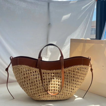 Women's 2-in-1 Woven Straw Bag Underarm Straw Bag with Adjustable Strap Large Capacity Dumpling Shoulder Bag for Summer Beach Bucket Bag