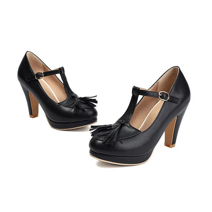 NASBAVI Fashion Female Pumps Round Toe Chunky Heels 9cm Platform 1.5cm Buckle T-Strap Tassels Plus Size 46 47 48 Sexy Shoes PlatiNum