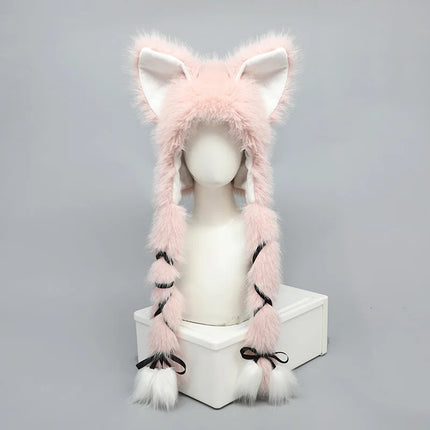 Long Plush Cat Ear Hat Fox Ear Double Braid Caps Cute Lolita Anime Fall Winter Cap Y2K Anime Cosplay Accessories