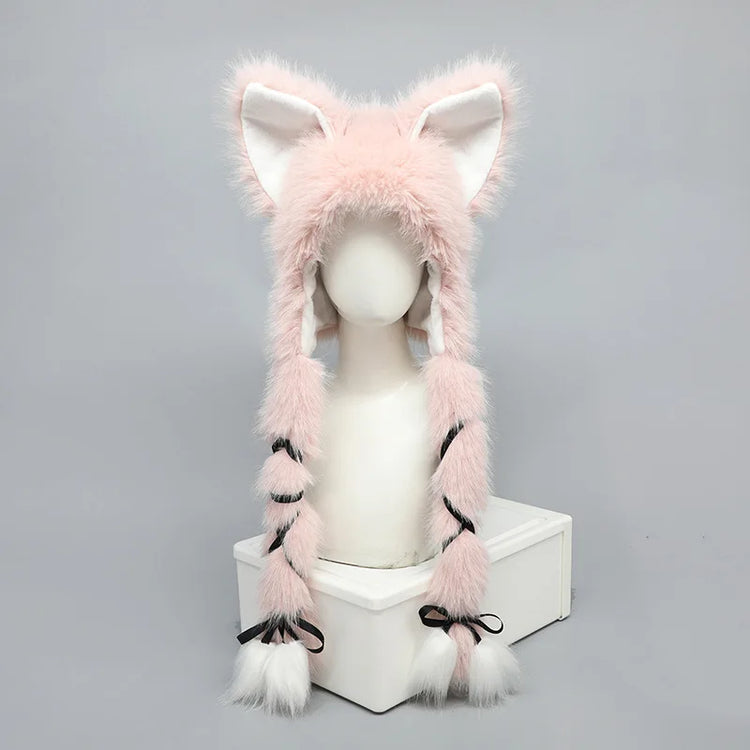 Long Plush Cat Ear Hat Fox Ear Double Braid Caps Cute Lolita Anime Fall Winter Cap Y2K Anime Cosplay Accessories
