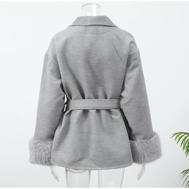 Women Grey Fur Splicing Woolen Coat Casual Belt Full Sleeve Lapel Loose Cardigan Outwear 2025 Lady Winter New Highstreet Jacket