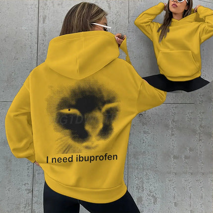 Fun Cat Meme Men Women Hoodies "I Need Ibuprofen" Harajuku Animal Streetwear Long Sleeve Hoody Hip Hop Kitten Hoodie For Male