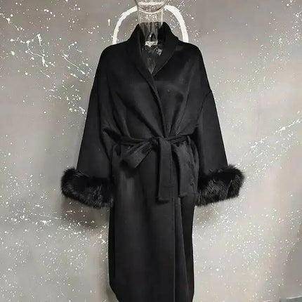 UCXQ Elegant OL Office Lady Overcoats Fur Patchwork Long Sleeve Woolen Coat Beautiful Women's Clothing Jacket Autumn 2025 Winter