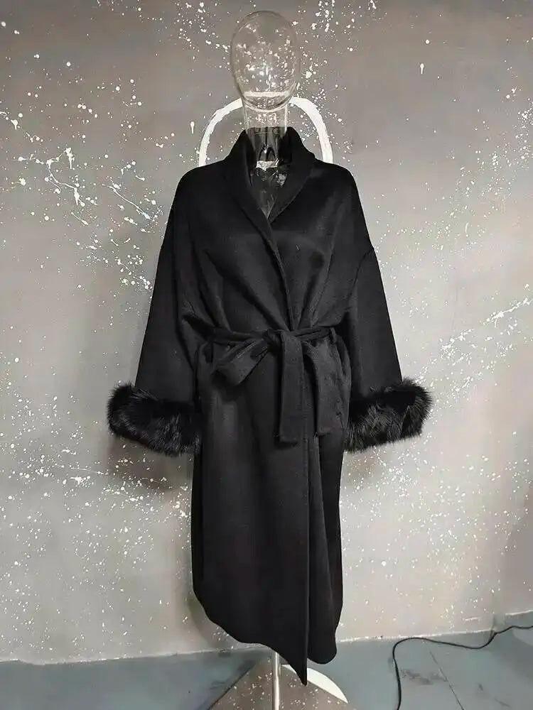 UCXQ Elegant OL Office Lady Overcoats Fur Patchwork Long Sleeve Woolen Coat Beautiful Women's Clothing Jacket Autumn 2025 Winter
