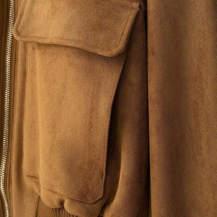 Ladies Short Vintage Faux Suede Autumn Winter Jacket Women Coat Stand-Collar Zip-up Field Trendy Streetwear Chic Jacket Female