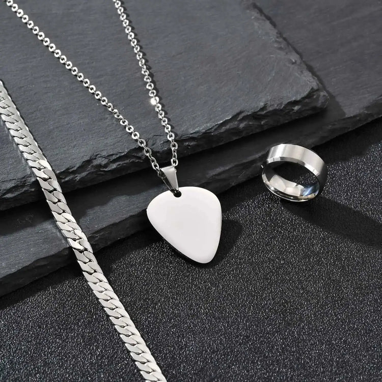 Set di 3 Pezzi: Collana con Ciondolo a Forma di Plettro per Uomo, Bracciale con Catena Cubana Piatta Stile Rock Punk, Set di Gioielli Classici da Uomo, Idea Regalo platinumshop
