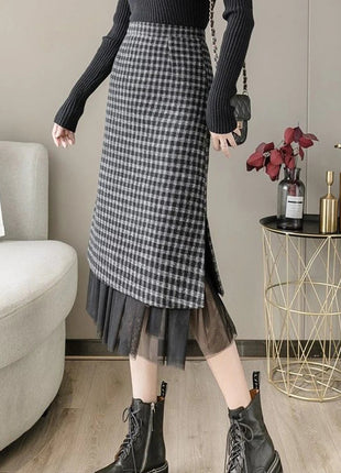 Woolen plaid skirt autumn and winter 2025 new plaid foreign style small man a word hip wrap medium and long skirt PlatiNum