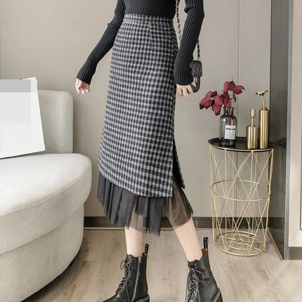 Woolen plaid skirt autumn and winter 2025 new plaid foreign style small man a word hip wrap medium and long skirt PlatiNum
