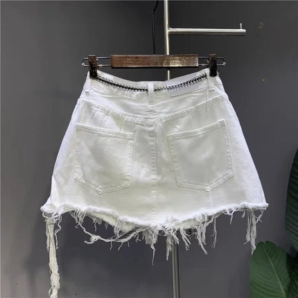Nuova gonna corta in denim bianco coreano 2026 da donna, con tasche a vista e design irregolare anti-sfregamento