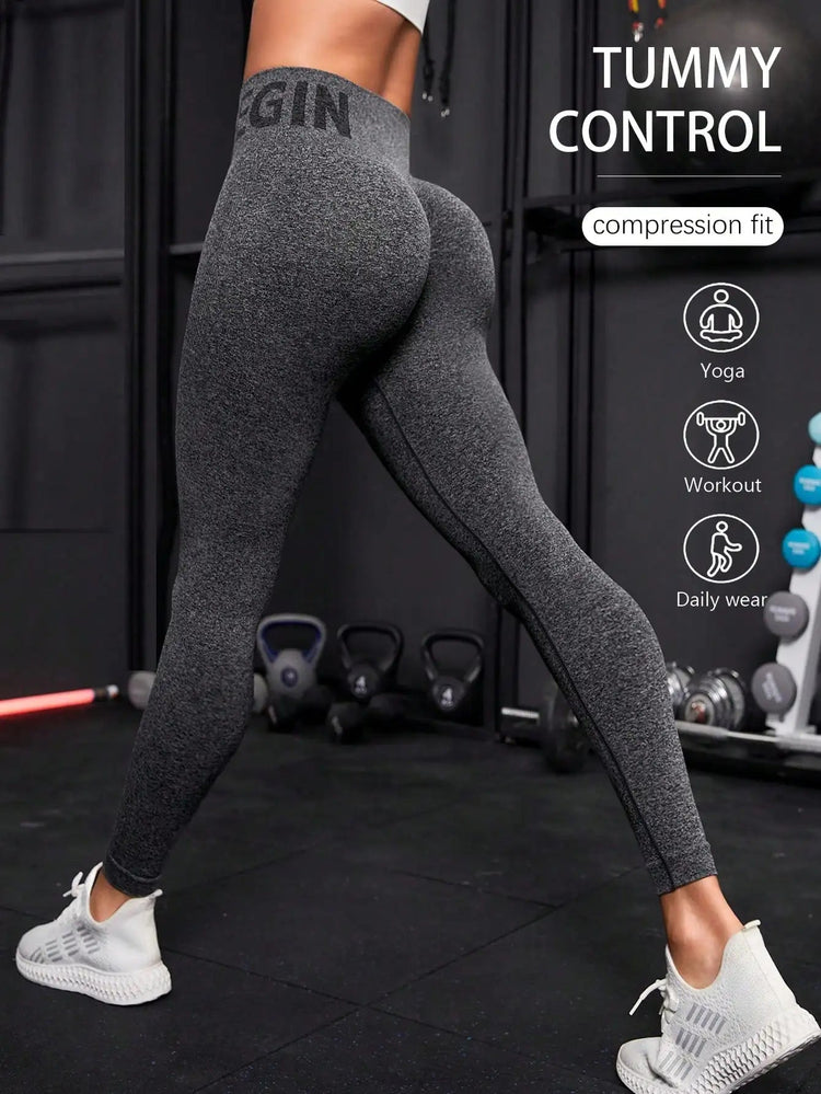 Seamless letter peach yoga pants, hip lifting yoga clothes, tight fitting high waisted sports and fitness pants for women PlatiNum