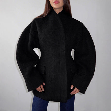 Casual Solid Woolen Loose Coats Women Belt Stand Collar Full Sleeve Zippers Lace Up Coat Female 2026 Autumn Lady Outwears