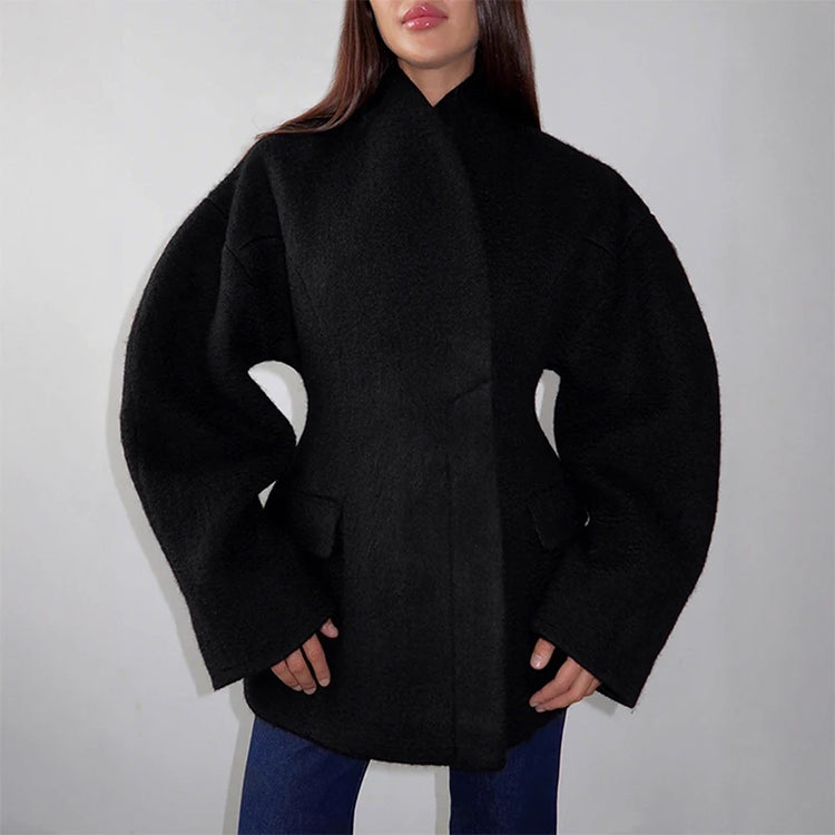 Casual Solid Woolen Loose Coats Women Belt Stand Collar Full Sleeve Zippers Lace Up Coat Female 2026 Autumn Lady Outwears