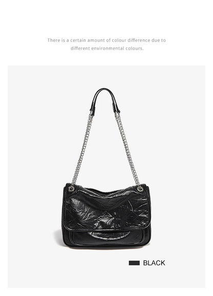 FOXER Women Genuine Leather + PU Shoulder Handbag Classic Fashion Black Tote Chain Bag