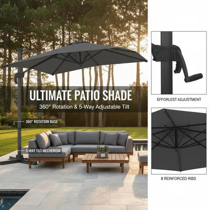Ombrellone da Patio Quadrato a Sbalzo, 5 Angoli di Inclinazione e Rotazione a 360° °   Ombrellone da Esterno Girevole con Palo in Alluminio a 8 Stecche, Tetto Ventilato Antivento