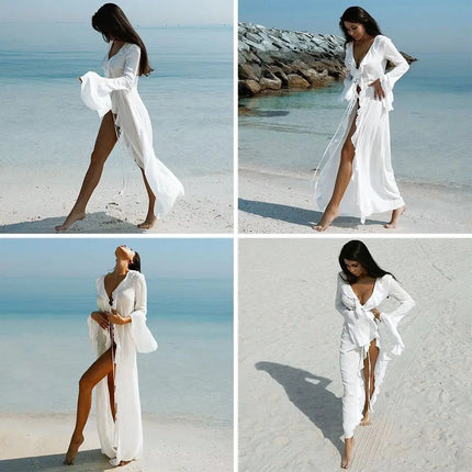 Moda scollo a V Summer Beach Cover Up Abito da spiaggia a maniche lunghe con volant Costume da bagno Vacanza Bikini Grembiule per protezione solare per le donne platinumshop