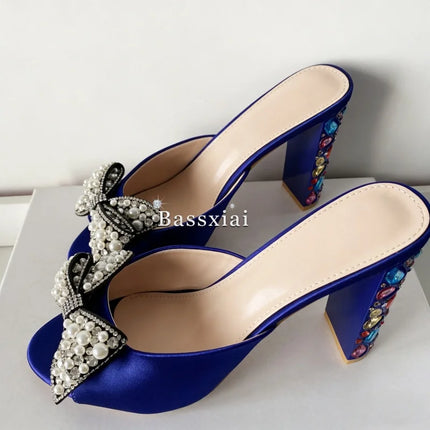 Sandali con tacco alto da donna estivi in seta blu con strass colorati e decorazioni a nodo a farfalla in cristallo per ragazze