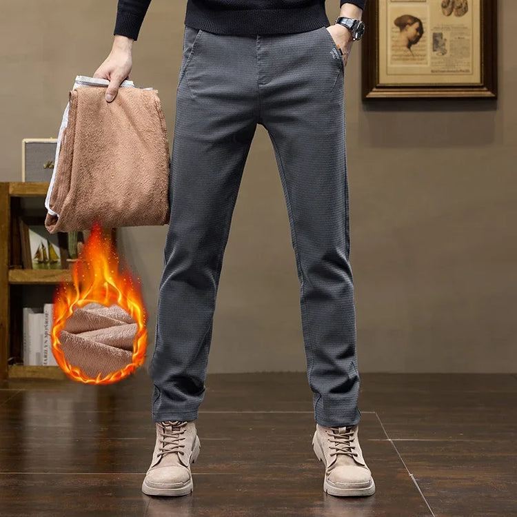 Winter Fleece Men's Slim Straight Business Casual Pants Solid Color Elasticity Trousers Warm Thickened Velvet Plaid Pants Male