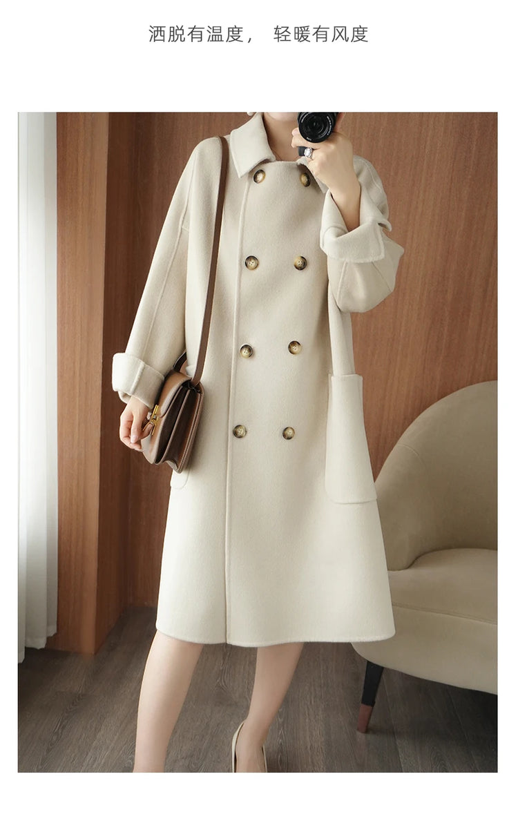 Ladies' 100% Cashmere Thick Double-Sided Extended Coat, Classic, Versatile and Fashionable for Business and Leisure