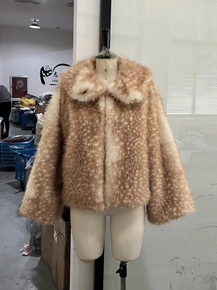 ZADORIN New Chic Deer-print Faux Fur Jackets Elegant Lapel Loose-fit Fluffy Faux Fur Coat Woman Plush Fur Coats Winter Outerwear