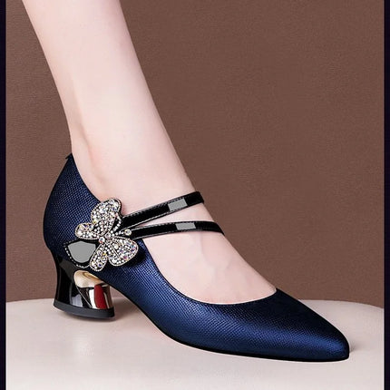 FHC Tacchi medi in pelle poco profonde, Scarpe da lavoro da donna da ufficio, Décolleté da donna, Papillon con strass, Punta a punta Vogue, Blu, Nero, Dropship