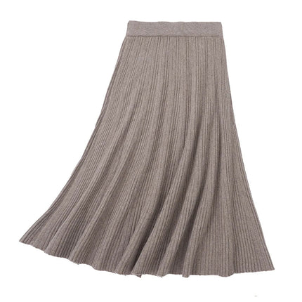 Women's 35% Cashmere 65% Wool Thickened Elastic-Waist Solid-Color Pleated Skirt, Warm & Slim-Fit PlatiNum