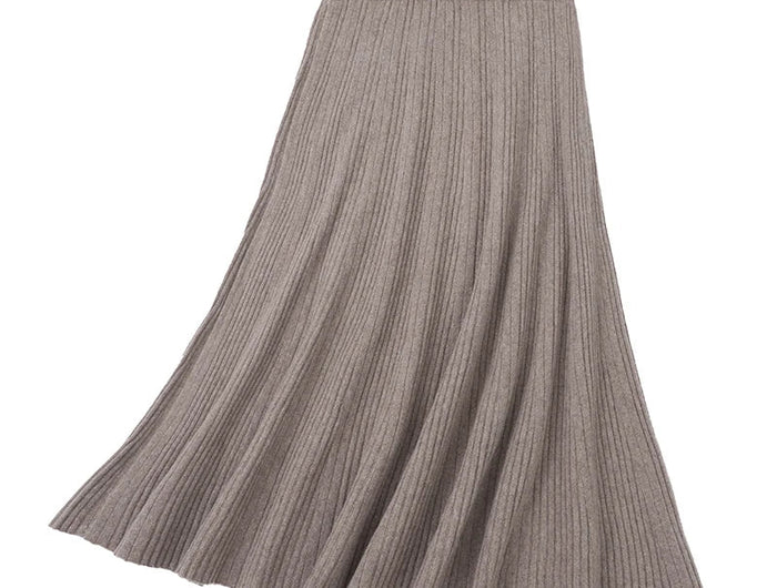 Women's 35% Cashmere 65% Wool Thickened Elastic-Waist Solid-Color Pleated Skirt, Warm & Slim-Fit PlatiNum