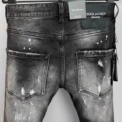 Light Luxury Washed Jeans Men's Trendy Brand Ruffian Handsome Black Ripped Patch Slim Fit Small Feet Casual Long Pants PlatiNum
