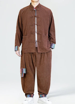 2026 Uomini di Stile Cinese Retro Tang Vestito Da Uomo di Velluto A Coste Patchwork Set Stampato Int
