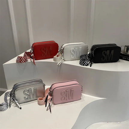 Chic SM Letter Camera Bags, Stylish Women’s Crossbody Small Square Purses with Wide Patterned Straps, Perfect for Daily Casual PlatiNum