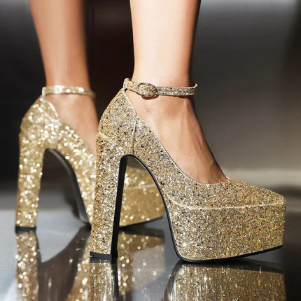 Ochanmeb Bling Bling Silver Gold Glitter Shoes Woman Ultra High Heels Platform Buckle Sequin Red Pumps Ladies Party Prom Wedding PlatiNum