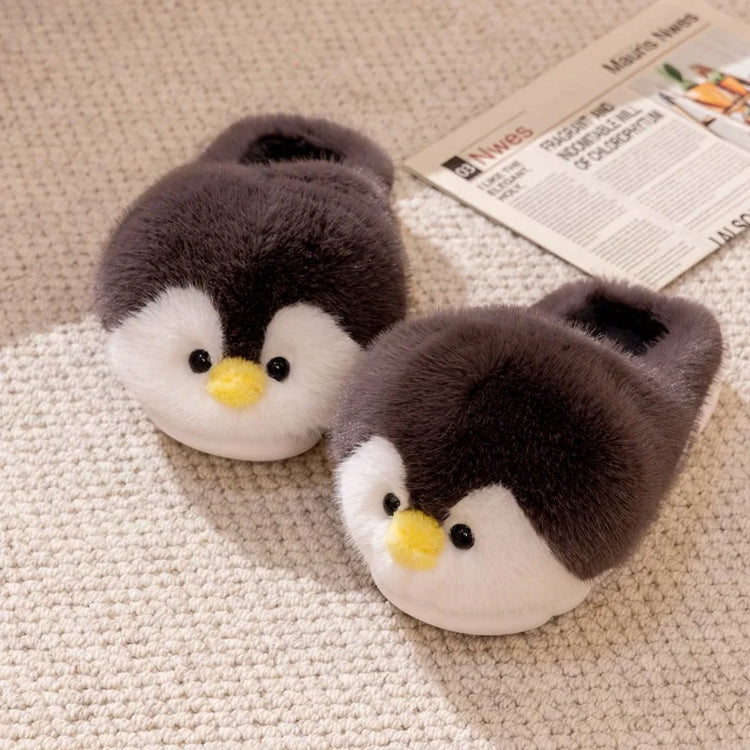 Cute Penguin Plush Slippers，Winter Warm Full-Coverage Home Slippers，Cartoon Animal-Themed, Non-Slip, Thick-Soled Women's Indoor