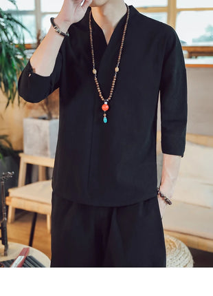 Kimono estivo stile giapponese manica corta uomo nuovo cotone a mezza manica lino traspirante abbigliamento uomo t-shirt giapponese Yukata top