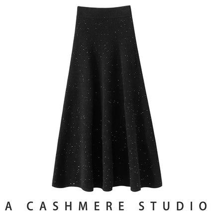 Chic Women Sweater Suite Skirt 100% Cashmere A-Line Skirt Autumn Winter Wave Skirt Elastic Knee Length Dress Sequins French Knit PlatiNum