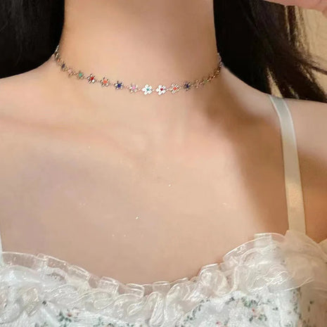 Fashion Enamel Colorful Little flower Choker Necklace For Women Girls Vacation With Jewelry Accessories PlatiNum