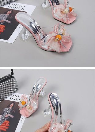 Liyke 2026 Nouvelle Mode 9CM Pantoufles à Talon Transparent Fil Net Rose Nœud Papillon Sandales d'Été Chaussures Transparentes pour Femmes Claquettes Présentations des entreprises productrices de jeux