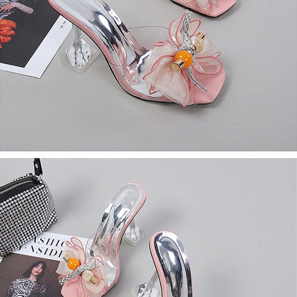 Liyke 2026 Nouvelle Mode 9CM Chaussons à Talon Transparent Filet Rose Nœud Papillon Sandales d'Été Chaussures Transparentes pour Femmes Claquettes Présentations des entreprises de fabrication de jeux